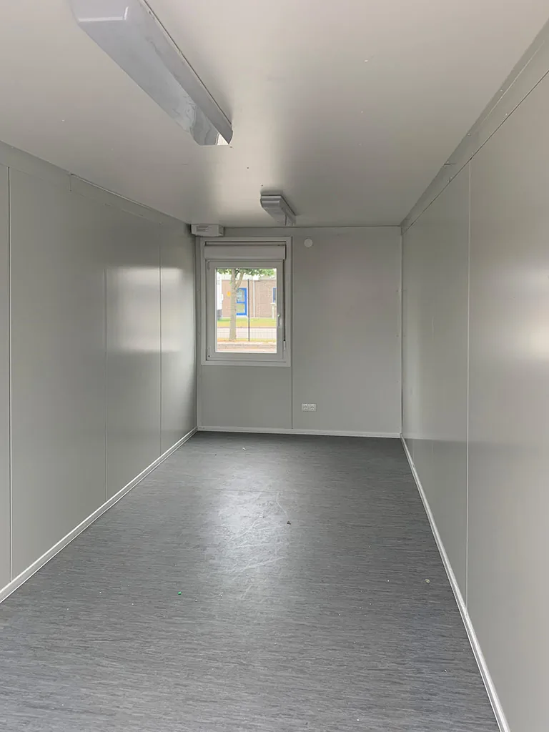 20ft flat pack office interior — lined walls, LED lights and vinyl floor
